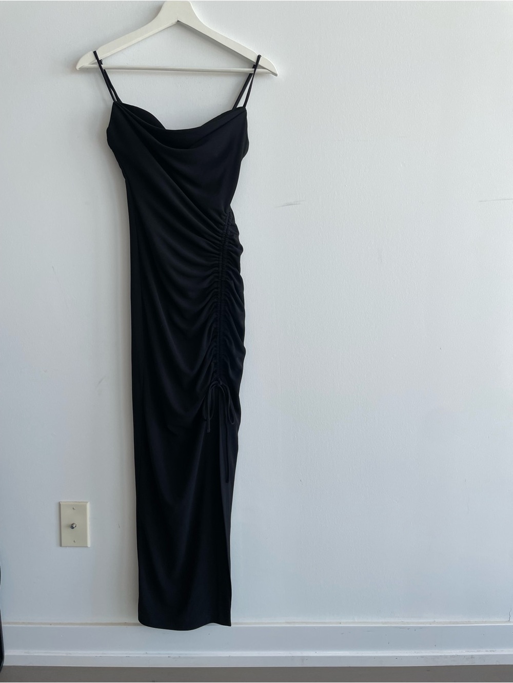 Zara Black Ruched Maxi Slip Dress with Spaghetti Straps